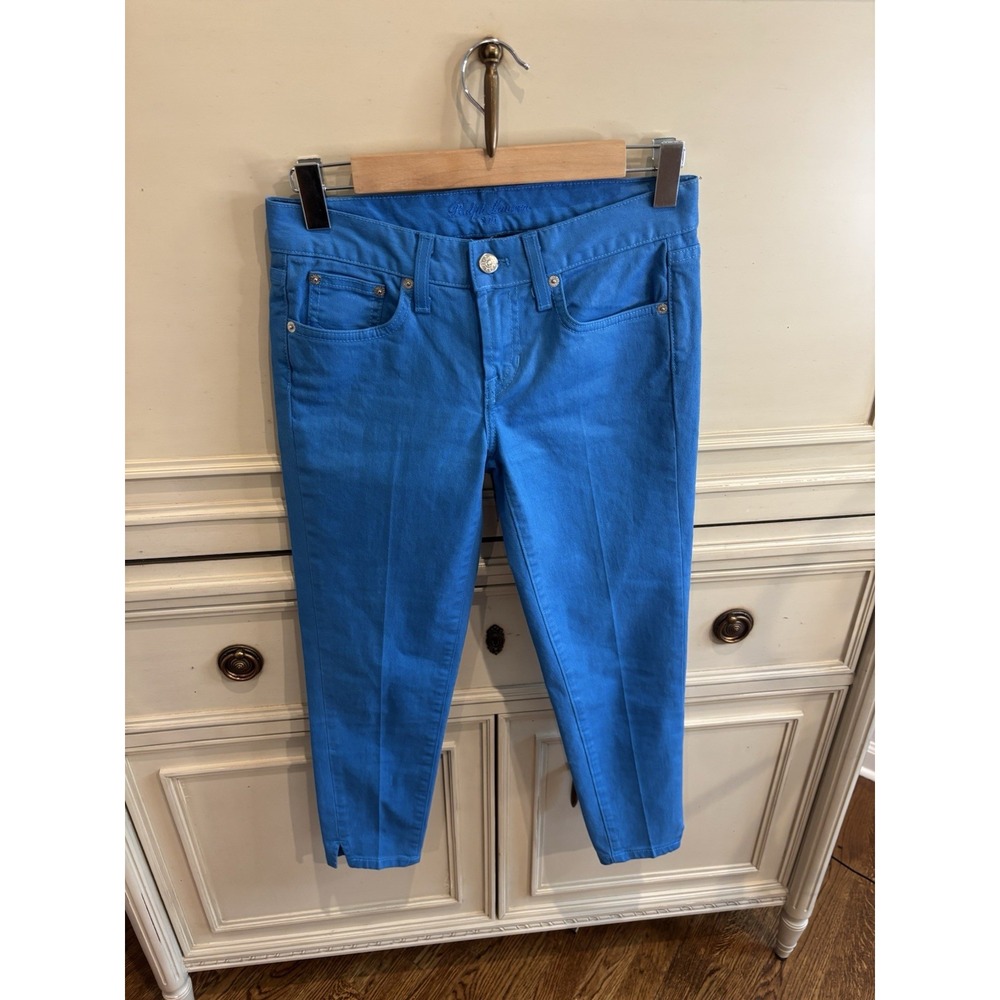 Ralph Lauren 379 Blue Stretch Denim Capri Jeans Cotton Silver Emblem Pocket 26‎